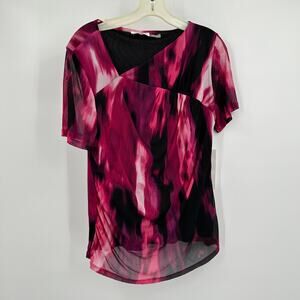 Calvin Klein Womens Pullover Top Size L Pink Black Asymmetrical‎ V Neck Artsy